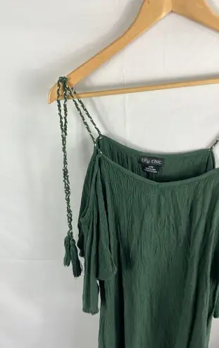 City Chic  Cold Shoulder Tassel Tie Crinkle Blouse - Green Size 16