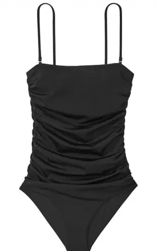 None Solid Black Ruched Square Neck Cheeky One-Piece Swimsuit Size Medium