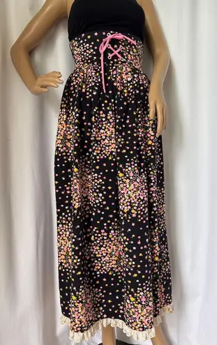 Vtg unbranded OOAK black floral high waisted corset front eyelet trim maxi skirt Size XXS