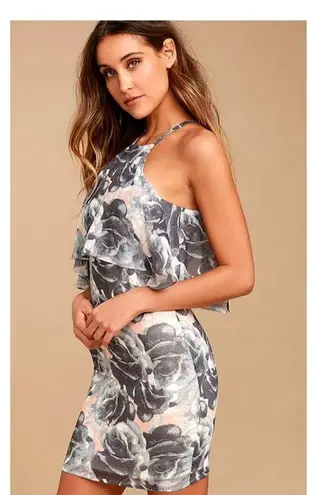 Ali & Jay VIP Only Charcoal Grey Floral Print Georgette Mini Halter Dress Small