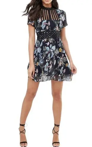 Foxiedox Juniper Floral High Neck Mini Dress size XS Lace Inset