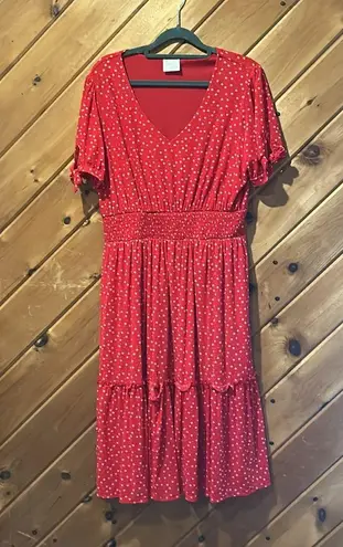 Siren Lily  bright red polka dot tiered midi dress