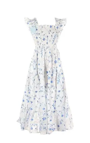 Hill House NWT Ellie Nap in Blue Botanical Floral Smocked Midi Dress S Pockets!