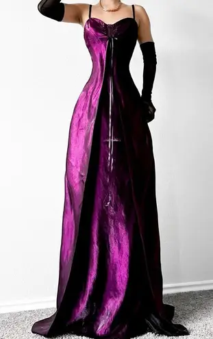 Vintage Purple Babydoll Satin Fit Flared Maxi Formal Cocktail Prom Dress Size S/M