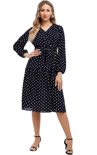 V Neck Loose Midi Long Sleeve Dress with Navy & White Polka Dots Plus Size Small