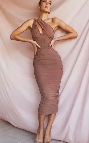 House Of CB VALENTINA MOCHA ASYMMETRIC CUTOUT MIDI DRESS