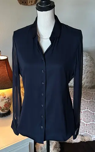 Elie Tahari navy blk Silk Button Down shirt blouse sheer long sleeves M L
