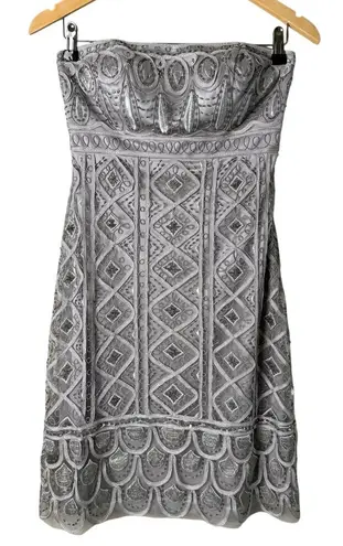 Sue Wong Beaded Embroidered Strapless Embellished Mini Dress in Silver Gray, 4