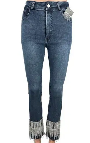 New Julianas Boutique Blue Denim High Rise Rhinestone Fringe Trim Skinny Jeans M Size M