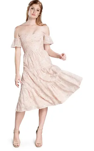 Dress the Population River Blush Pink Off Shoulder Eyelet Tiered Midi Dress NWT
