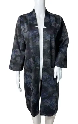 Clara Sunwoo Kimono Duster Women XS Black Floral Open Front Lagenlook Artsy Purple