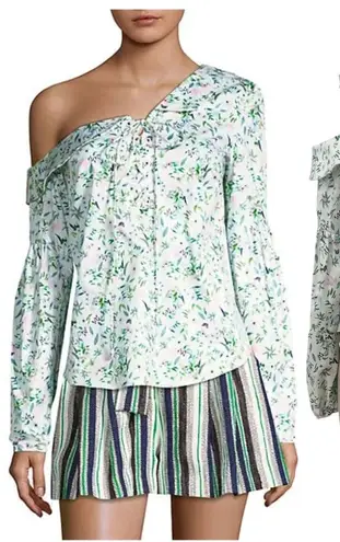 Amur Reagan One Shoulder Blouse Top White Floral Print Long Sleeve Size Small