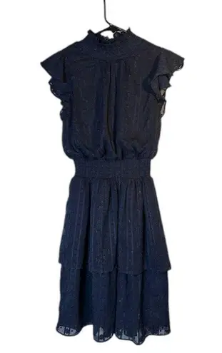 BCX Dress Navy Blue Metallic Mock Neck Flutter Short Sleeve Dress Women Sz XS