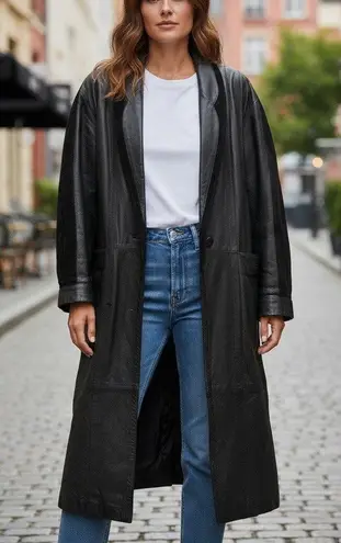 Marco Morani VTG Leather Coat Trench Womens Black SZ L Suede Trim Jacket Classic Size L