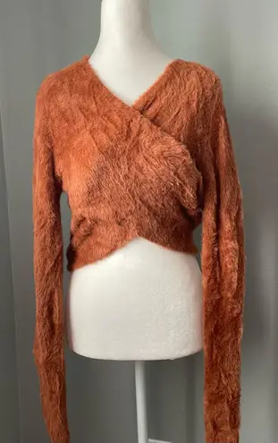 Elodie Pumpkin Spice Burnt Orange Eyelash Knit Wrap Front Crop Top