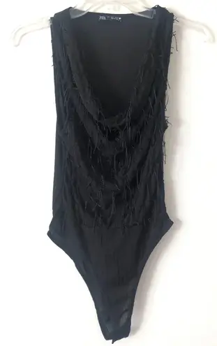 ZARA Black Cowl Neck Fringed Bodysuit S