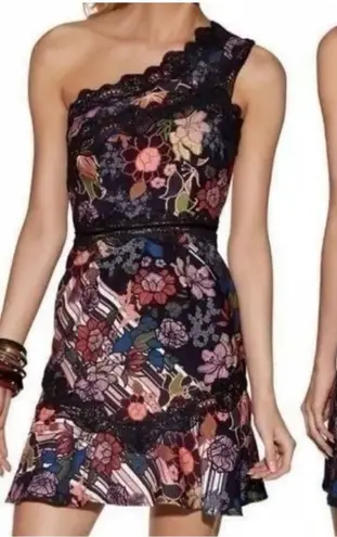 Foxiedox Boston Proper Red Black Lace Floral One Shoulder Mini Dress Size 12
