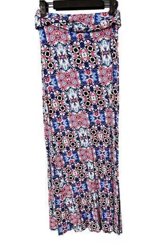 B Jewel Blue and Red Aztec Boho Print Maxi Skirt Roll Up Waist Tall Friendly