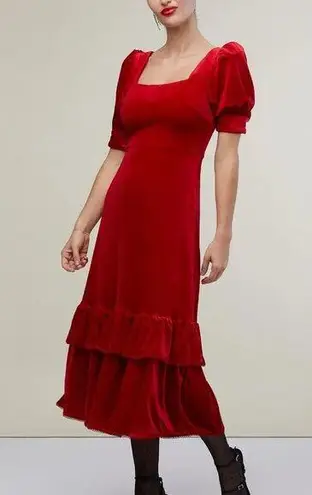 Rachel Parcell Puff Sleeve Peplum Skirt Midi Dress Cherry Red