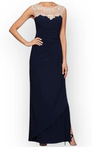 Alex Evenings Navy Blue Crepe Side Ruched Dress Sweetheart Lace Illusion Sz 10 - Image 1