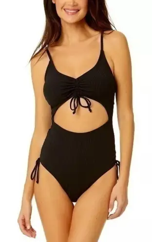 Salt + Cove Front Cut Out Bow Cinch Tie Ribbed One Piece Swimsuit Black XS