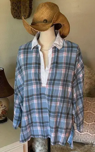 FP Sunday morning, sleep shirt, light blue flannel pop over polo collared top S