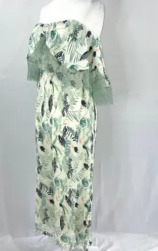 Foxiedox New Lace Ruffle Printed Cropped Strapless Jumpsuit Green Petite Size XS