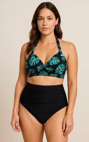 Tempt Me Womens Bikini Set Size L Black Green 2Pc Tropical High Waist Resort