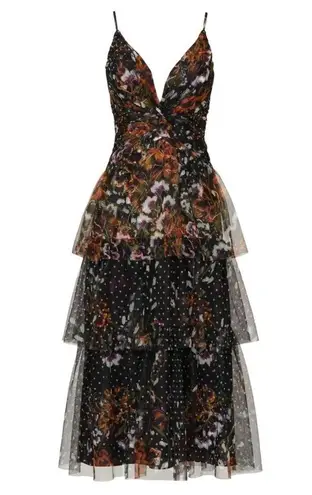 Marchesa Notte Dot Tiered Tulle Fliral Midi Dress sz 2 Black