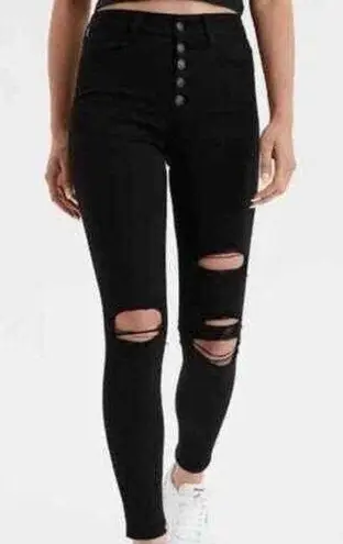 American Eagle  Womens Sz 00 Super High Rise Jegging Black Distressed Exposed Fly