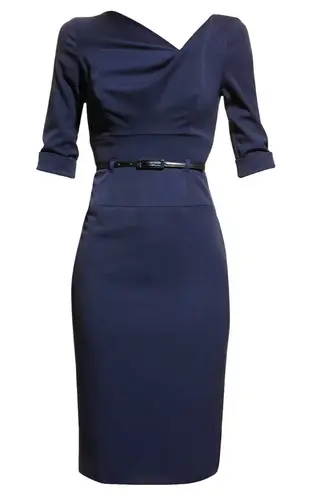 Black Halo NWT Jackie O in Eclipse Stretch Gabardine Belted Sheath Dress 2 $390