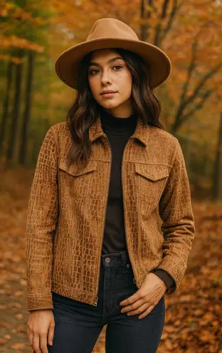 Ruby Rd Vintage Faux Fur Crocodile Leather Jacket Retro Large Brown Boho Earthy