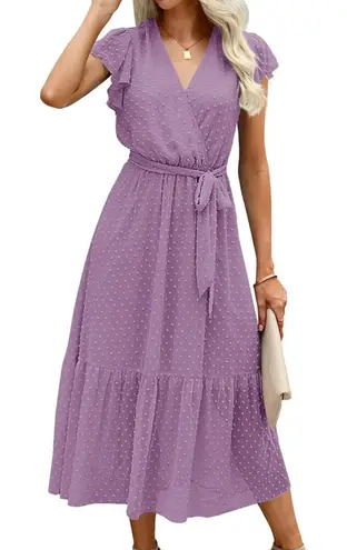 FASHION Midi Tiered Swiss Dot Dress Lilac Lavender Purple Faux Wrap Work NO BELT Size XL