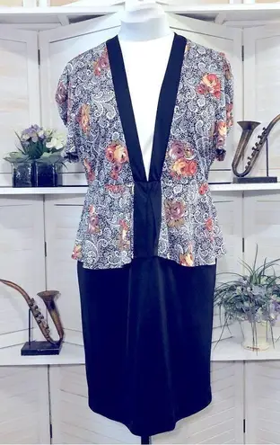 Vintage 80s 90s Floral Paisley Black Pencil Midi Dress Size 12 Petite