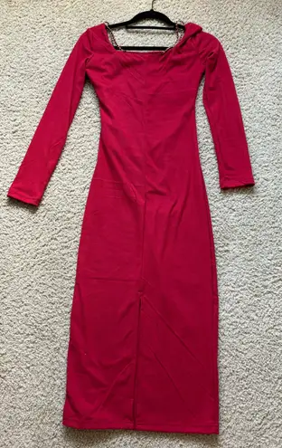 Wine Red Square Neck Midi Dress with Chain Detail, US Size S/XS, Party Slim Fit