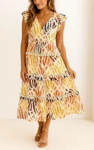 Point Sur J.Crew Cream Multi Color Pom Pom Tiered Midi Dress