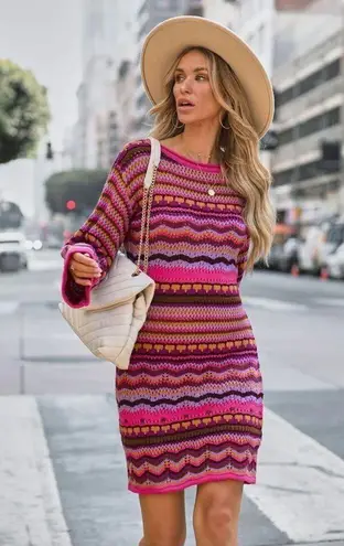 VICI Free The Roses L NWT Crochet Knit Multi Colored Dress Fuchsia Multi Long Pink Size L
