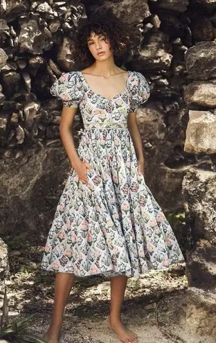 Agua Bendita Palmera Magdalena Dia Floral Midi Dress Multicolor Size Large NWT Blue