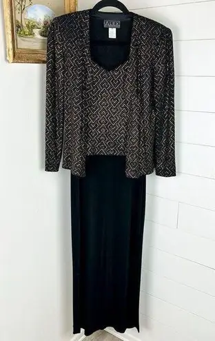 Alex Evenings 2 Piece Maxi Dress and Jacket Size 4P Black Gold Formal Glitter