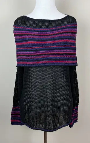 MFH Knits Sweater Womens Medium Black 100% Baby Alpaca Multicolor Open Knit Top