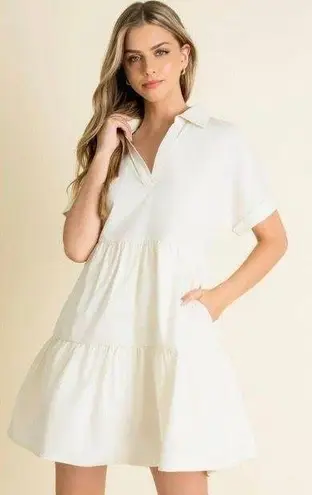 THML Womens Collared Short Sleeve Cream Dress Medium