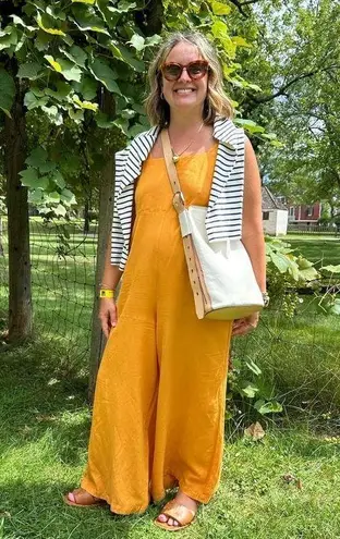 PETER SOM Marigold Yellow Linen Blend Square Neck Cross Back Jumpsuit Size 0