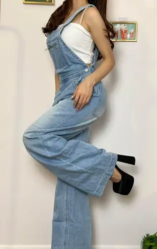 Wide Leg Denim Overalls Blue Size XS