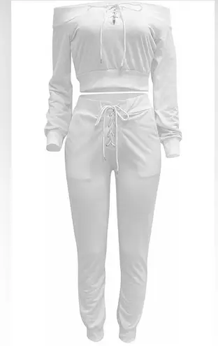 Long Sleeve Two Piece Outfit Tracksuit Lace Up Off Shoulder Casual Sweatsuit White Size undefined
