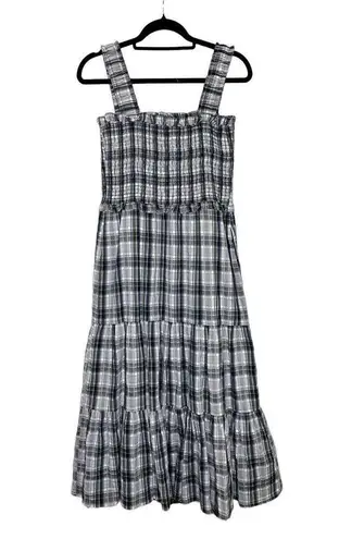 Veronica Beard Ziada Smocked Sleeveless Plaid Midi Dress 4 Black White Tiered