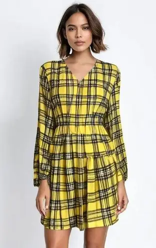 Fancyinn Women's Large Yellow Buffalo Plaid Shift Tunic Dress Long Sleeve V-Neck