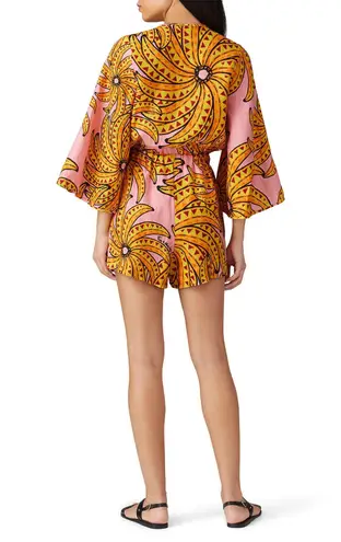 Farm Rio NWT Banana Floral Linen 3/4 Sleeve Romper Pink/Yellow Women's Size S
