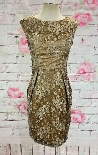 Sue Wong Women's Laced Cap Sleeve Sheath Cocktail Party Dress Gold Size 4