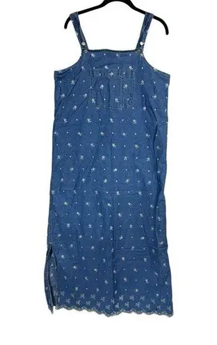 Vintage Solutions Original Blue Denim Floral Embroidered Overall Midi Dress Sz L