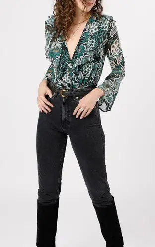 Band Of The Free New Floral Flare Long Sleeve Bodysuit Black Emerald Size Medium